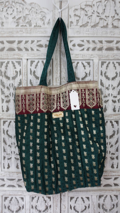 Dark Green And Maroon Vontage Banrsi Brocade Tote Bag