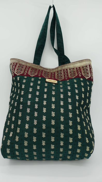 Dark Green And Maroon Vontage Banrsi Brocade Tote Bag