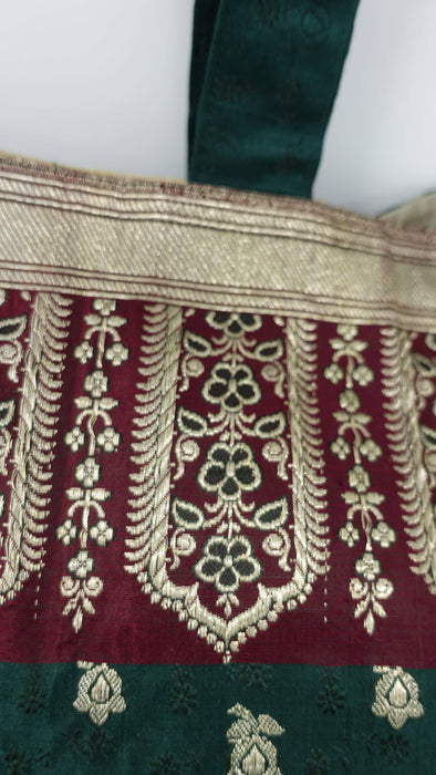 Dark Green And Maroon Vontage Banrsi Brocade Tote Bag