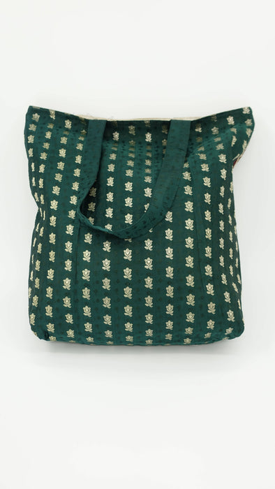 Dark Green And Maroon Vontage Banrsi Brocade Tote Bag