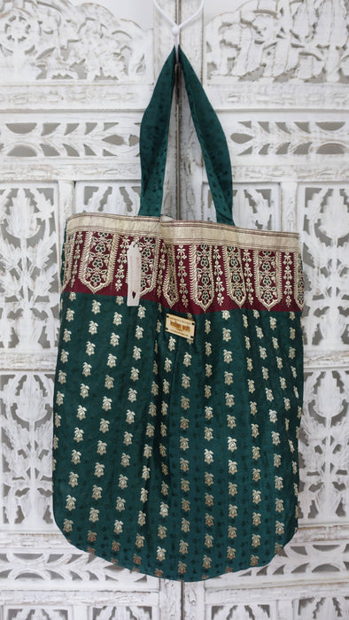 Dark Green And Maroon Vintage Banarsi Brocade Tote Bag