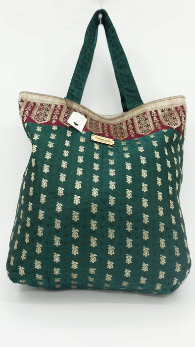 Dark Green And Maroon Vintage Banarsi Brocade Tote Bag