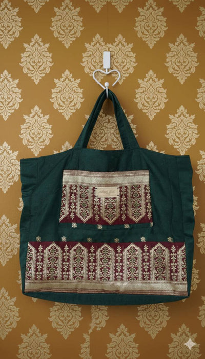 Dark Green And Maroon Vintage Banarsi Brocade Tote Bag