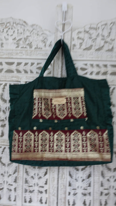 Dark Green And Maroon Vintage Banarsi Brocade Tote Bag