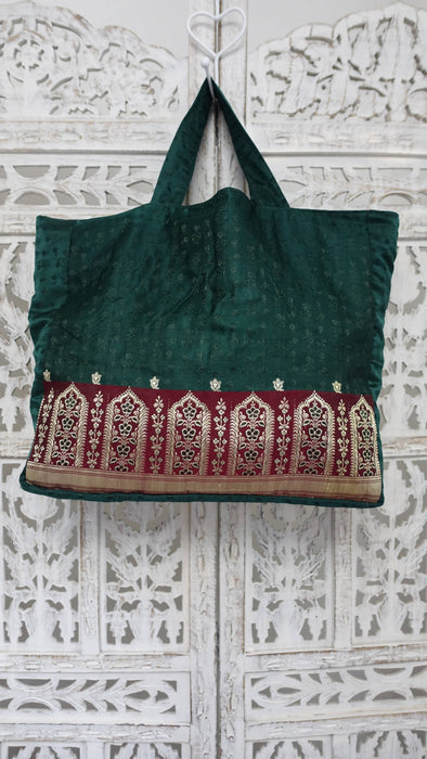 Dark Green And Maroon Vintage Banarsi Brocade Tote Bag