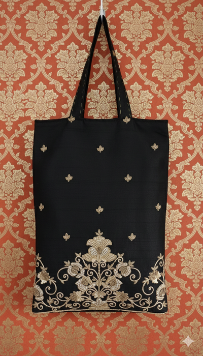 Black Raw Silk Zardosi Worked Tote Bag