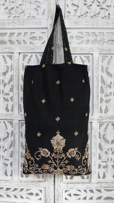 Black Raw Silk Zardosi Worked Tote Bag