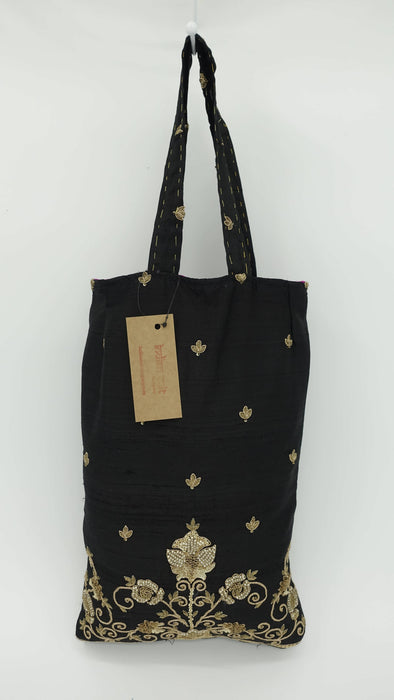 Black Raw Silk Zardosi Worked Tote Bag