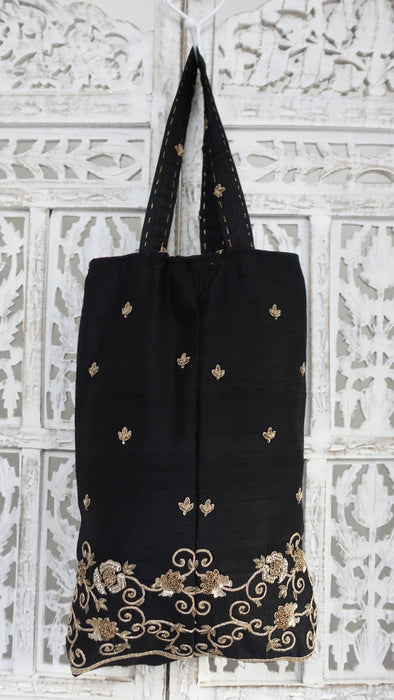 Black Raw Silk Zardosi Worked Tote Bag