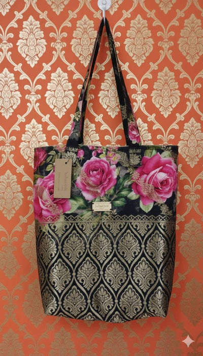 Black Floral Chanderi Silk Tote Bag