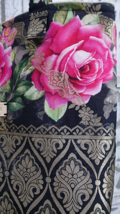 Black Floral Chanderi Silk Tote Bag