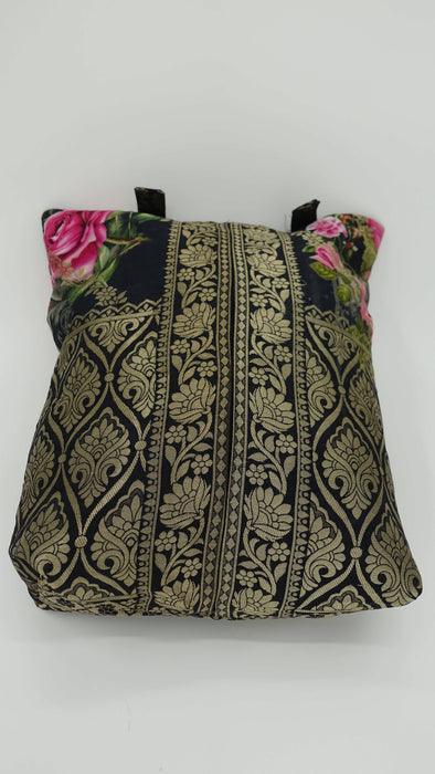 Black Floral Chanderi Silk Tote Bag
