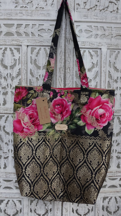 Black Floral Chanderi Silk Tote Bag