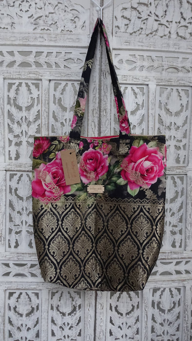 Black Floral Chanderi Silk Tote Bag