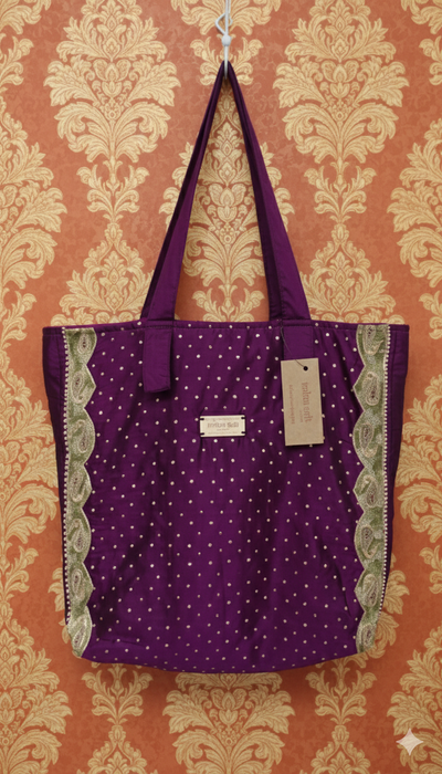 Plum Vintage Silk Embellished Tote Bag