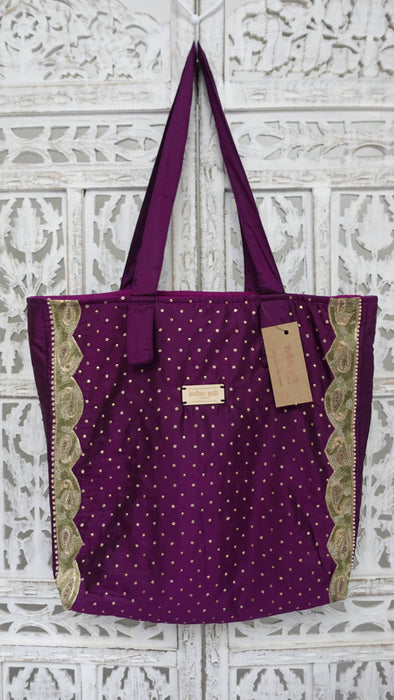 Plum Vintage Silk Embellished Tote Bag
