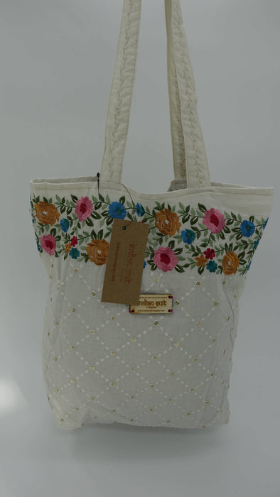 Off White Embroidered Cotton Tote Bag