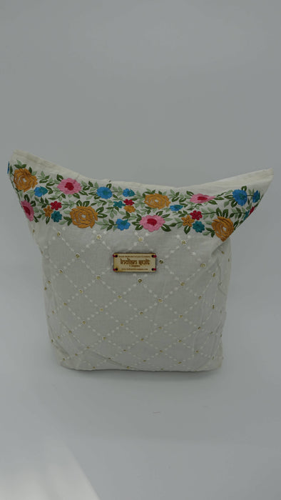 Off White Embroidered Cotton Tote Bag