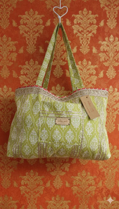 Green And White Cotton Printed Bag