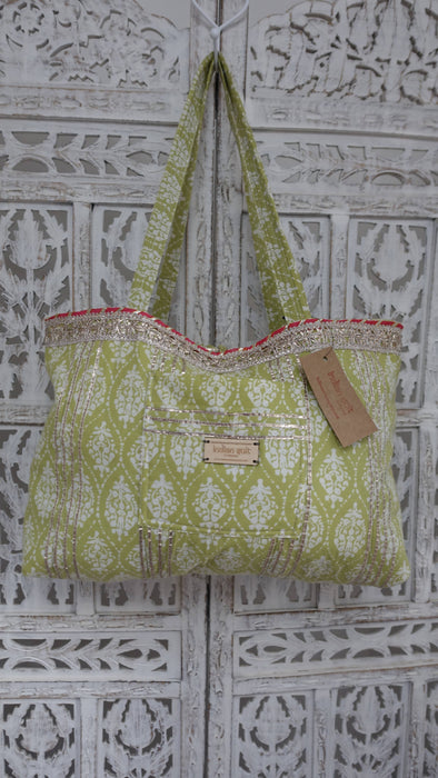 Green And White Cotton Printed Bag