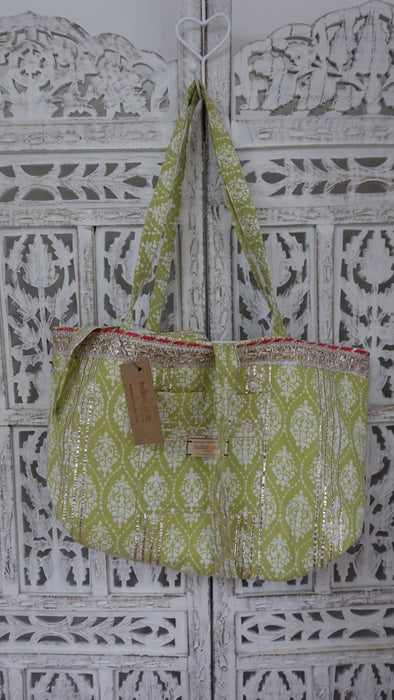 Green And White Cotton Printed Bag