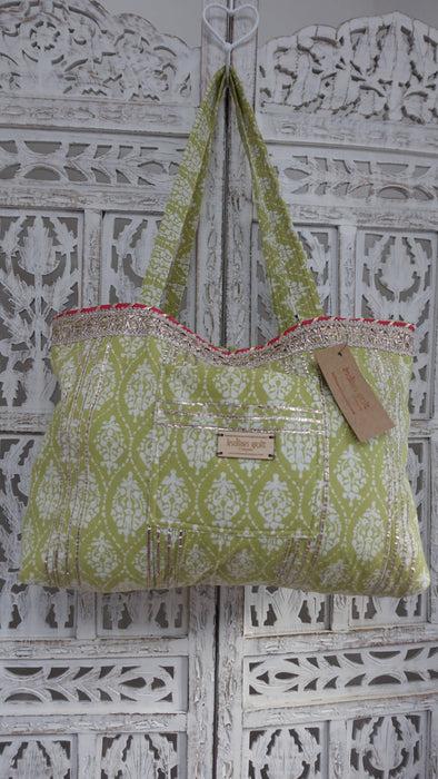 Green And White Cotton Printed Bag