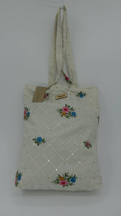 Off White Cotton Floral Embroidered Tote Bag