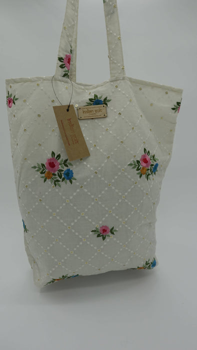 Off White Cotton Floral Embroidered Tote Bag