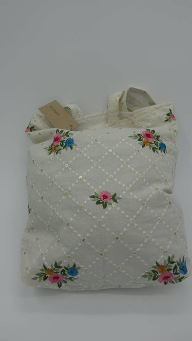 Off White Cotton Floral Embroidered Tote Bag