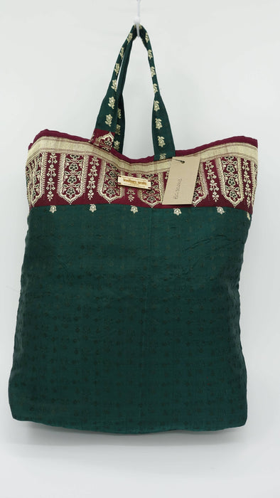 Dark Green And Maroon Vintage Banarsi Brocade Tote Bag
