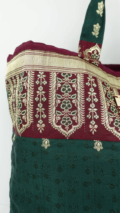 Dark Green And Maroon Vintage Banarsi Brocade Tote Bag