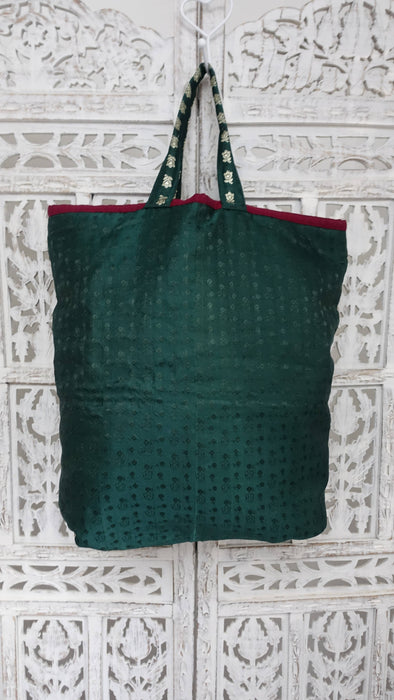 Dark Green And Maroon Vintage Banarsi Brocade Tote Bag