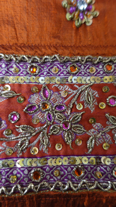 Rust Raw Silk Embellished Tote Bag