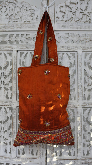 Rust Raw Silk Embellished Tote Bag