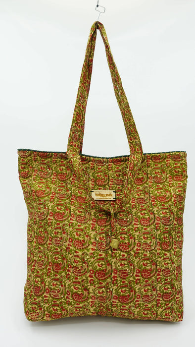 Gold Green Pure Embellished Vintage Silk Tote Bag