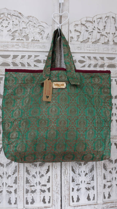 Green Vintage Brocade Tote Bag