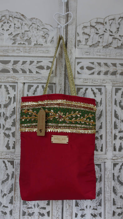 Red Silk Gota Patti Vintage Tote Bag