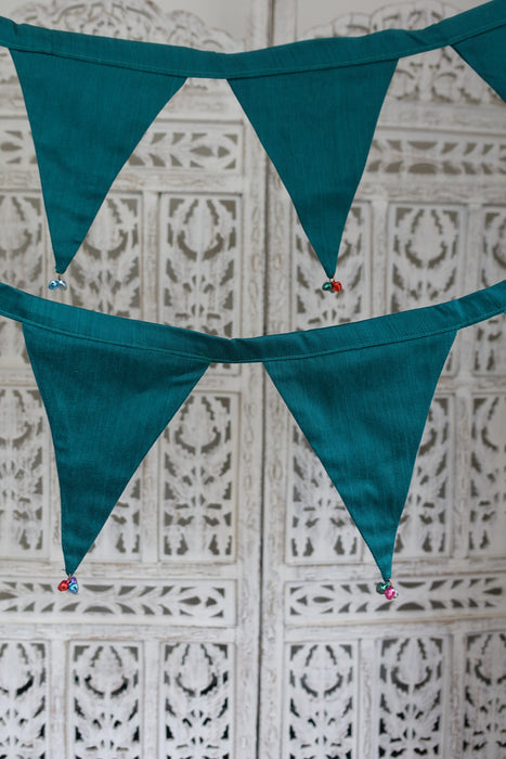 Teal Silk Blend With Multi Coloured Bells Bunting - New
