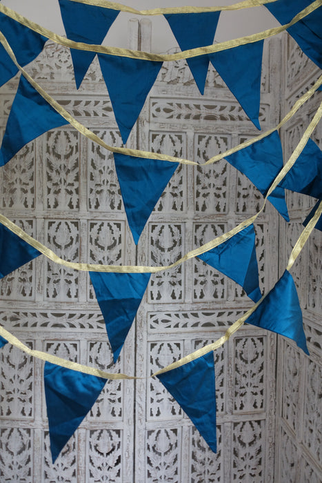 Blue Pure Vintage Silk With Gold Ribbon Trim - 7.7 Metres