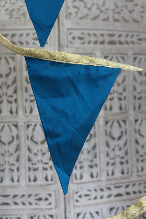 Blue Pure Vintage Silk With Gold Ribbon Trim - 7.7 Metres