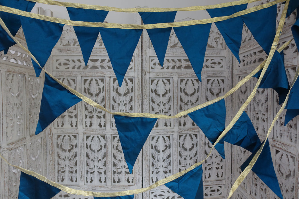 Blue Pure Vintage Silk With Gold Ribbon Trim - 7.7 Metres