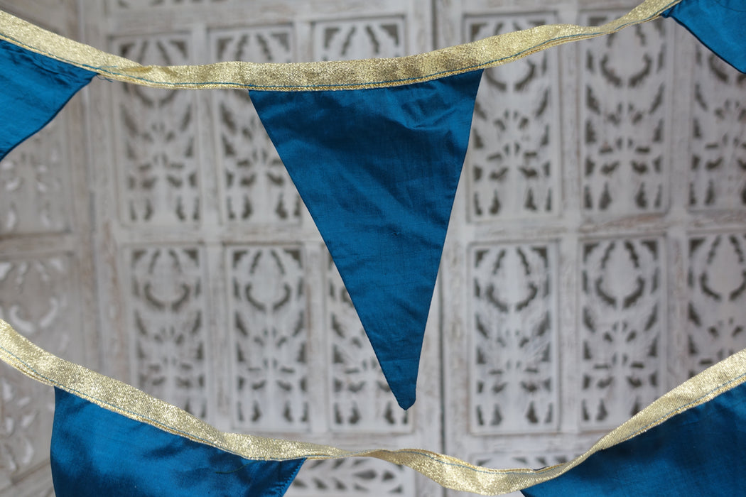 Blue Pure Vintage Silk With Gold Ribbon Trim - 7.7 Metres