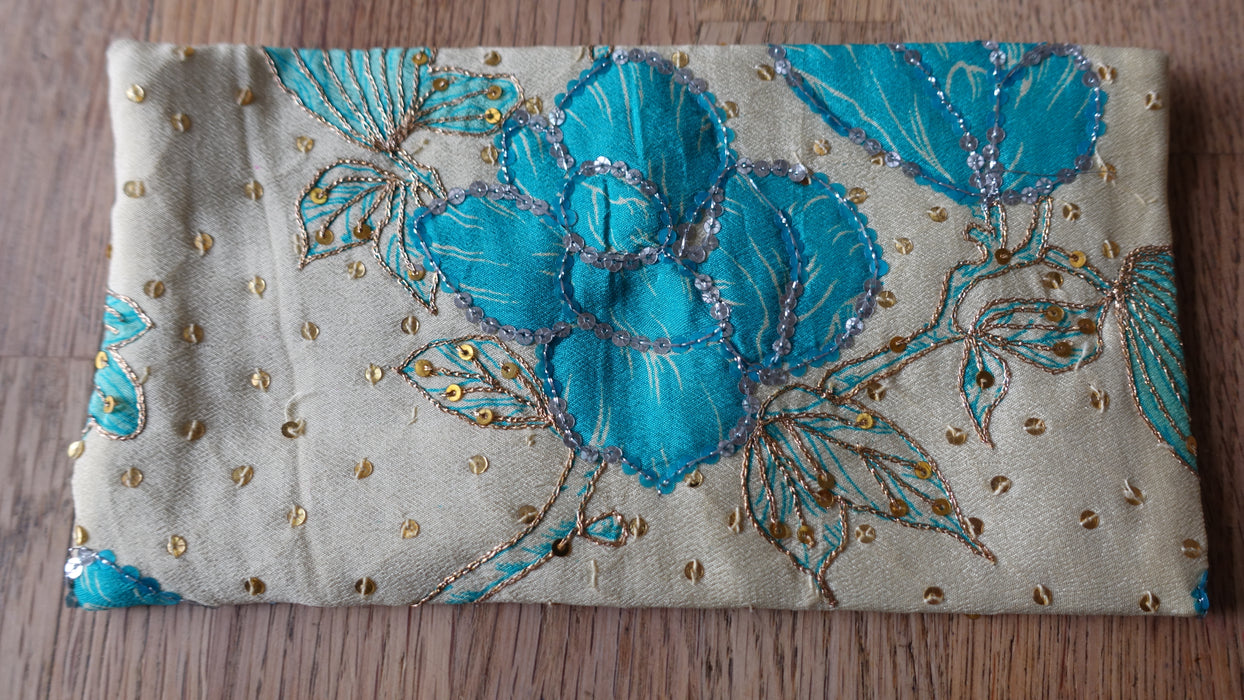 Cream Vintage Silk With Light Blue And Gold Detail