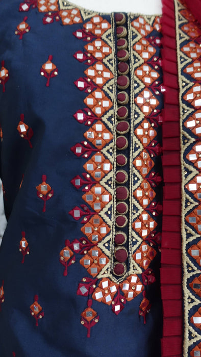 Navy Blue Art Silk Sharara With Faux Mirrorwork - UK 18/EU 44 - New
