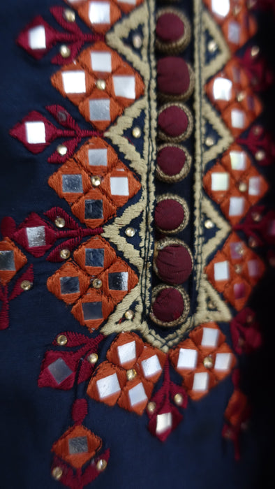 Navy Blue Art Silk Sharara With Faux Mirrorwork - UK 18 / EU 44 - New