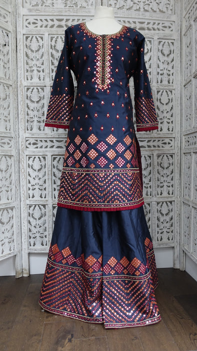Navy Blue Art Silk Sharara With Faux Mirrorwork - UK 18 / EU 44 - New