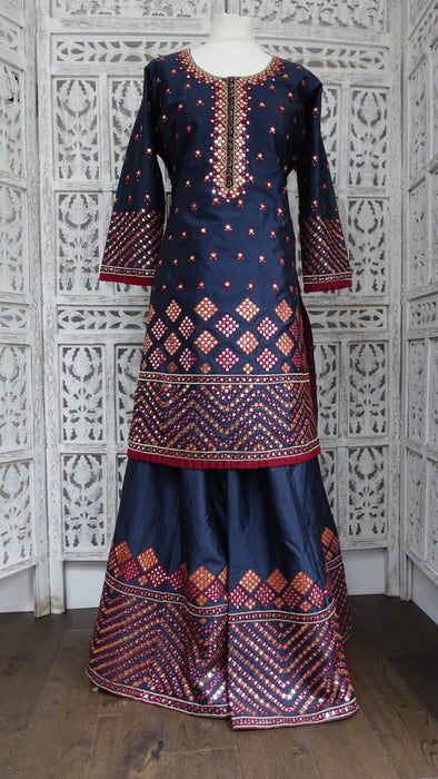 Navy Blue Art Silk Sharara With Faux Mirrorwork - UK 18/EU 44 - New