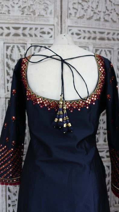 Navy Blue Art Silk Sharara With Faux Mirrorwork - UK 18/EU 44 - New