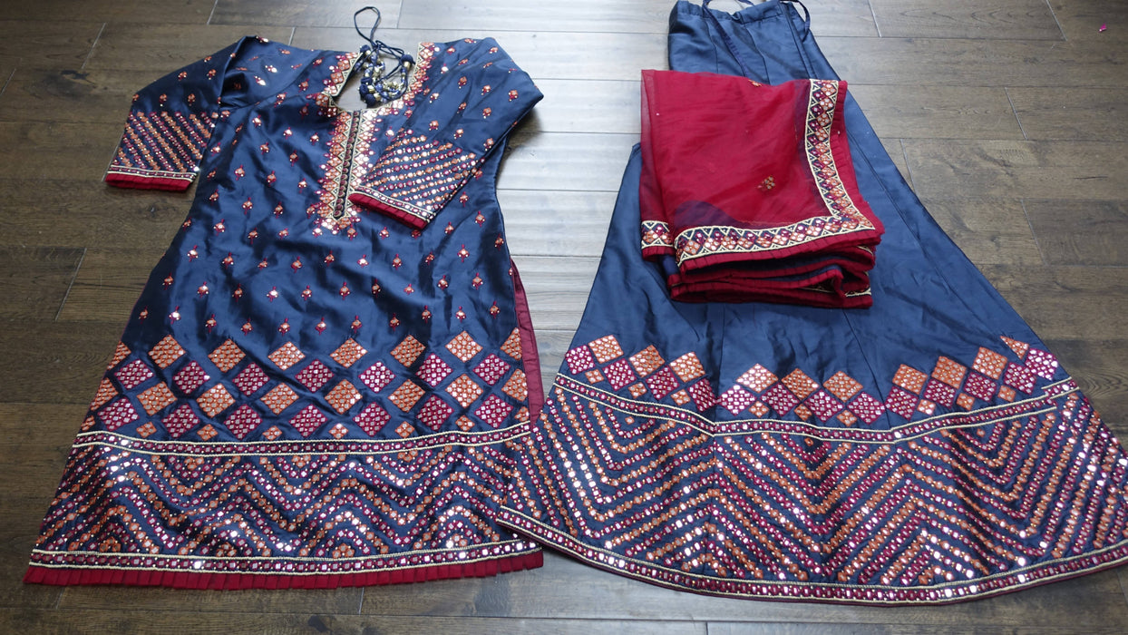 Navy Blue Art Silk Sharara With Faux Mirrorwork - UK 18/EU 44 - New