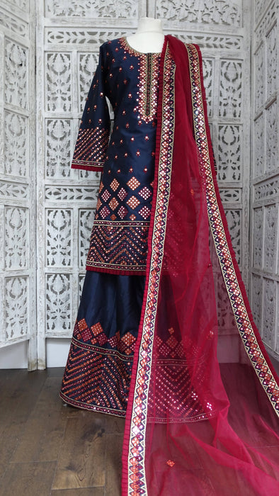 Navy Blue Art Silk Sharara With Faux Mirrorwork - UK 18/EU 44 - New